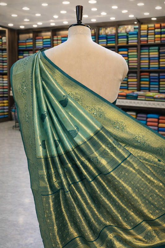 Swarna Pista Green Kanjivaram Tissue Soft Silk Saree