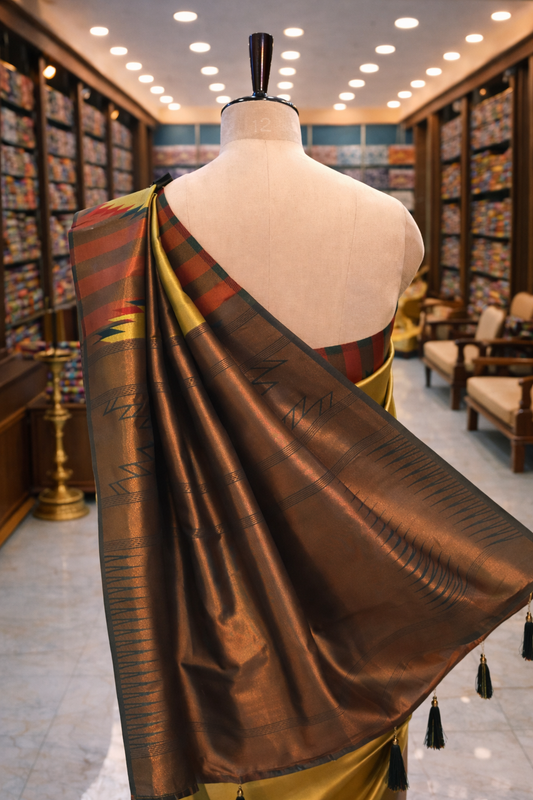 Parrot Green Temple Border Kanjivaram Soft Silk Saree