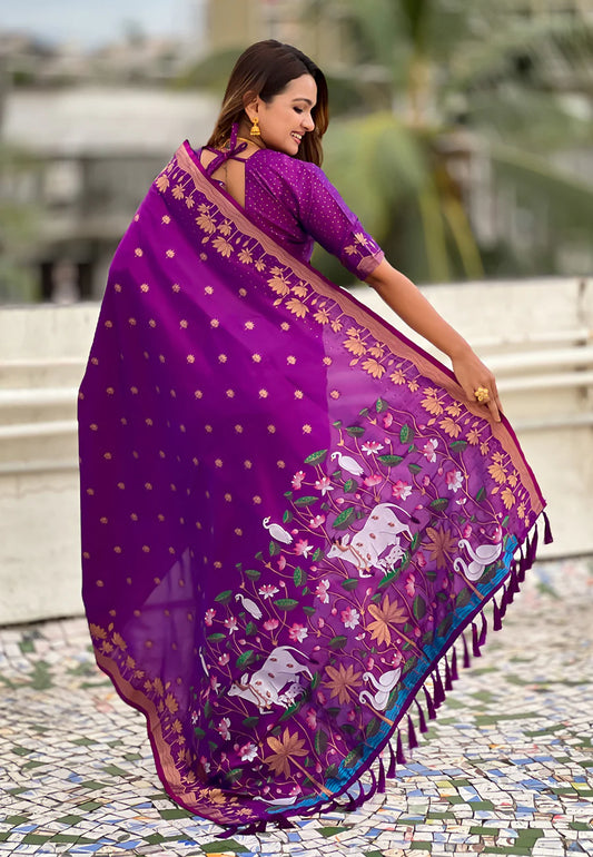 Purple Zari Woven Pichwai Silk Saree
