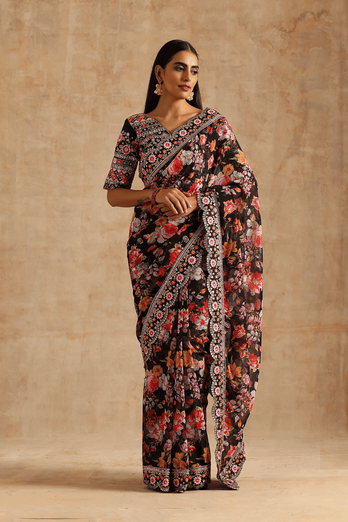 Black Georgette Digital Print With Embroidery Sequence Saree