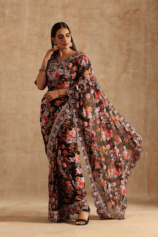 Black Georgette Digital Print With Embroidery Sequence Saree