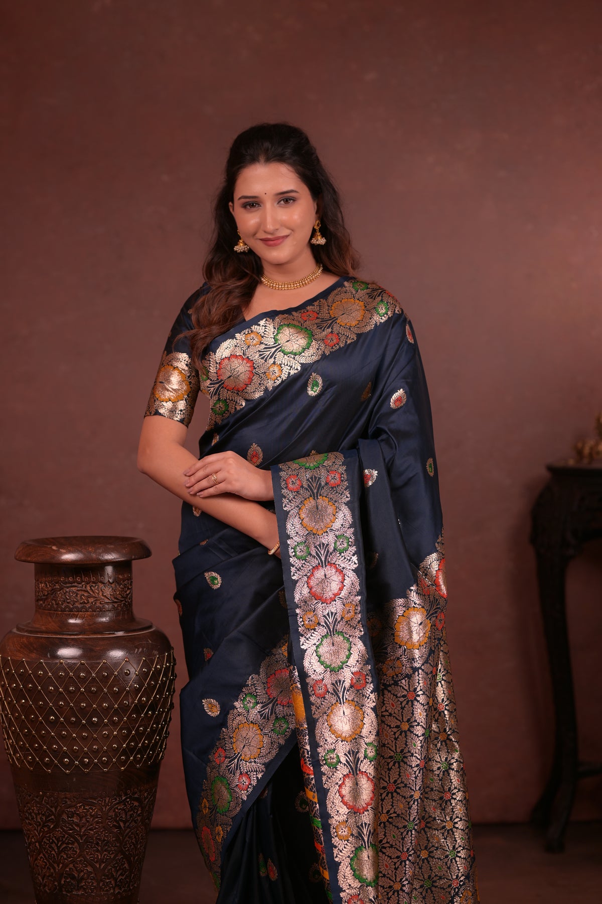 Navy blue Banarasi Silk Saree