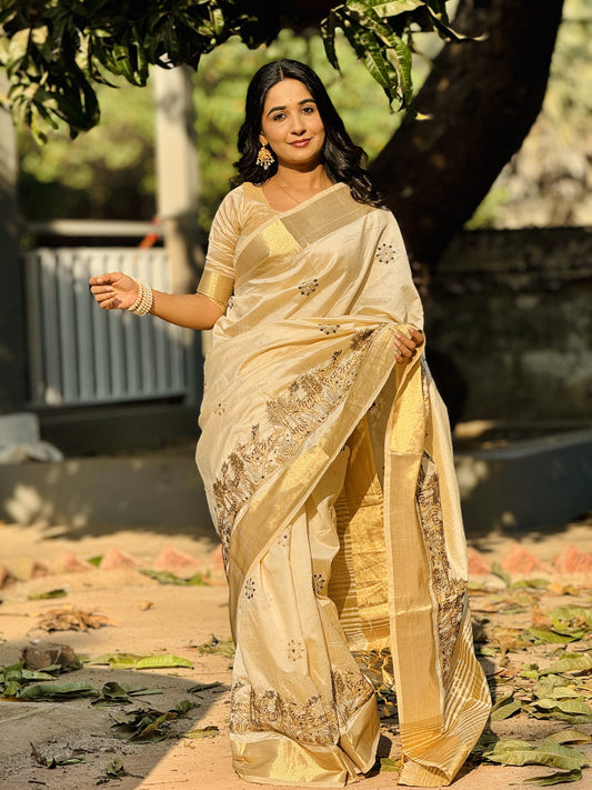 Elegant Tussar Silk Saree with Embroidery & Fancy Border