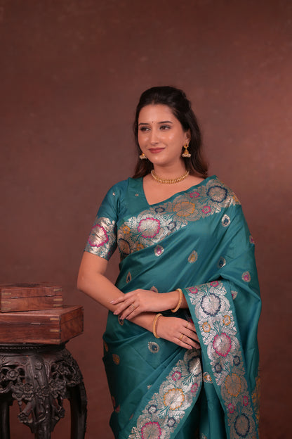 Teal Banarasi Silk Saree