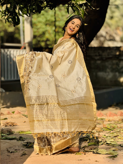 Elegant Tussar Silk Saree with Embroidery & Fancy Border