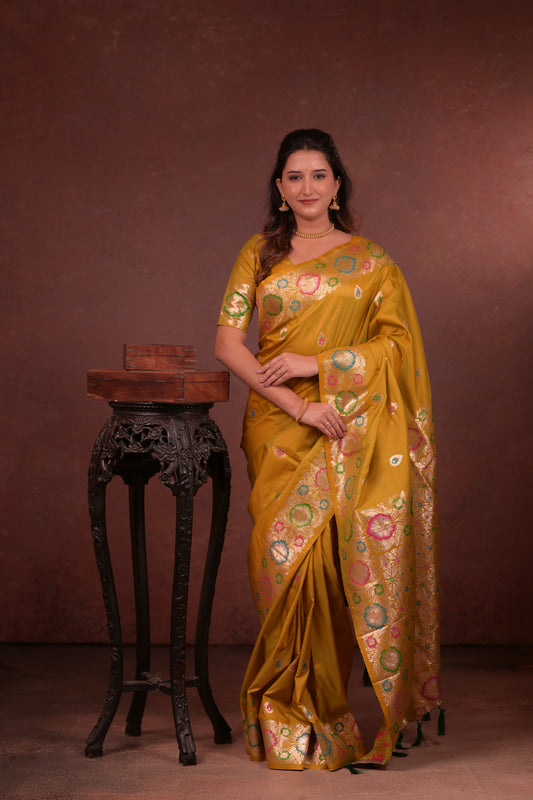 mustard golden Banarasi Silk Saree