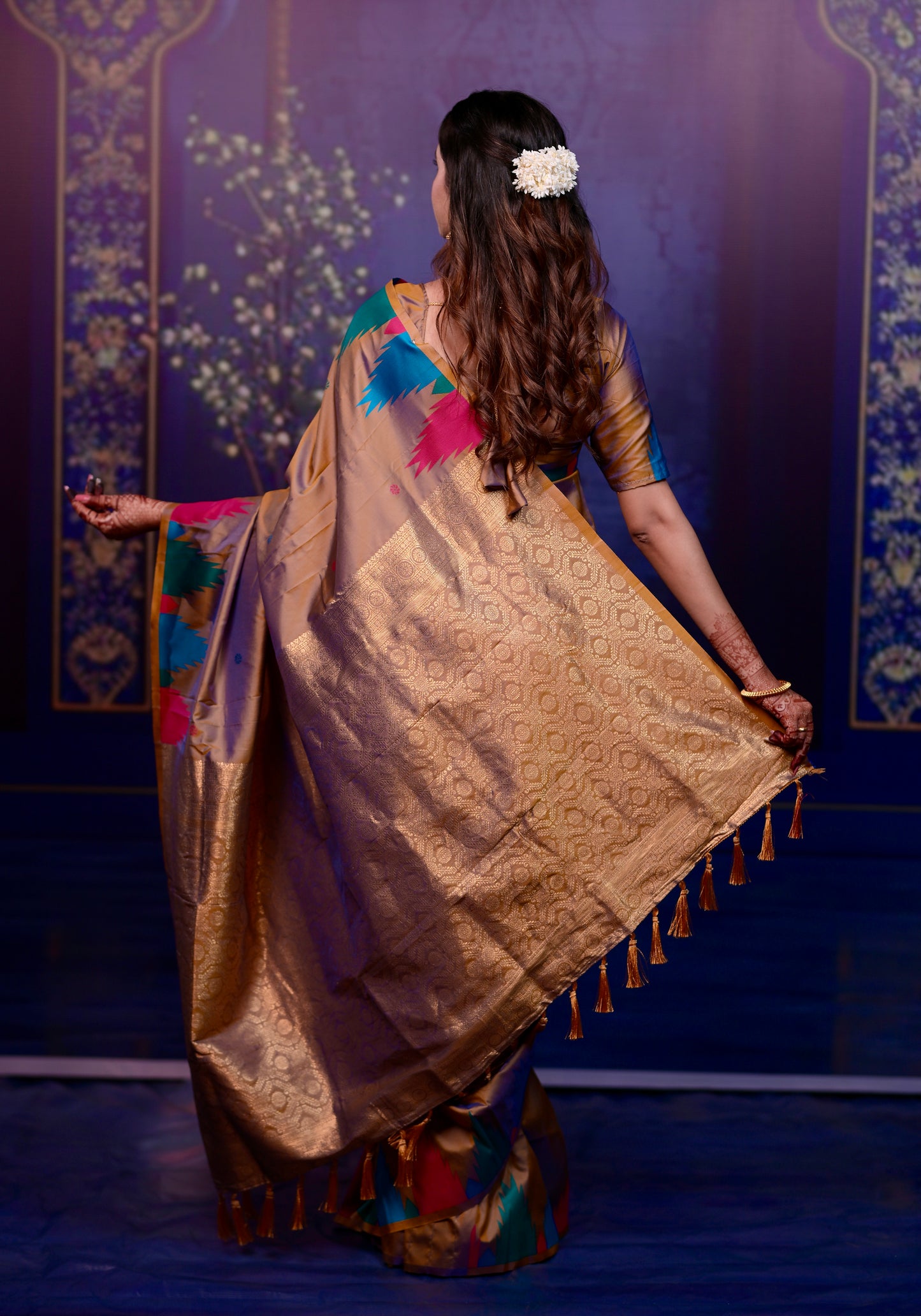 Golden beige Temple Border Silk Saree