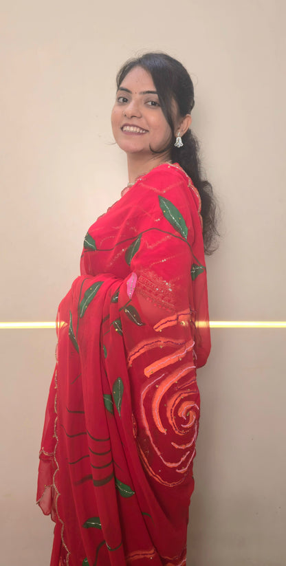 Elegant Red Georgette Floral Brush Print Saree