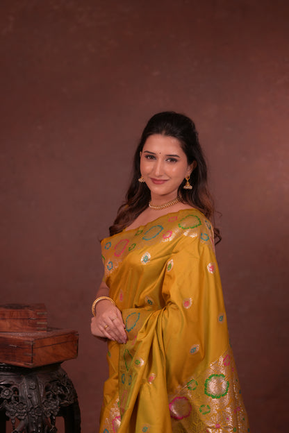 mustard golden Banarasi Silk Saree