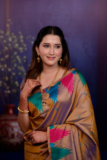 Golden beige Temple Border Silk Saree