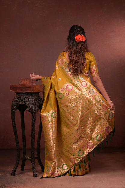 mustard golden Banarasi Silk Saree
