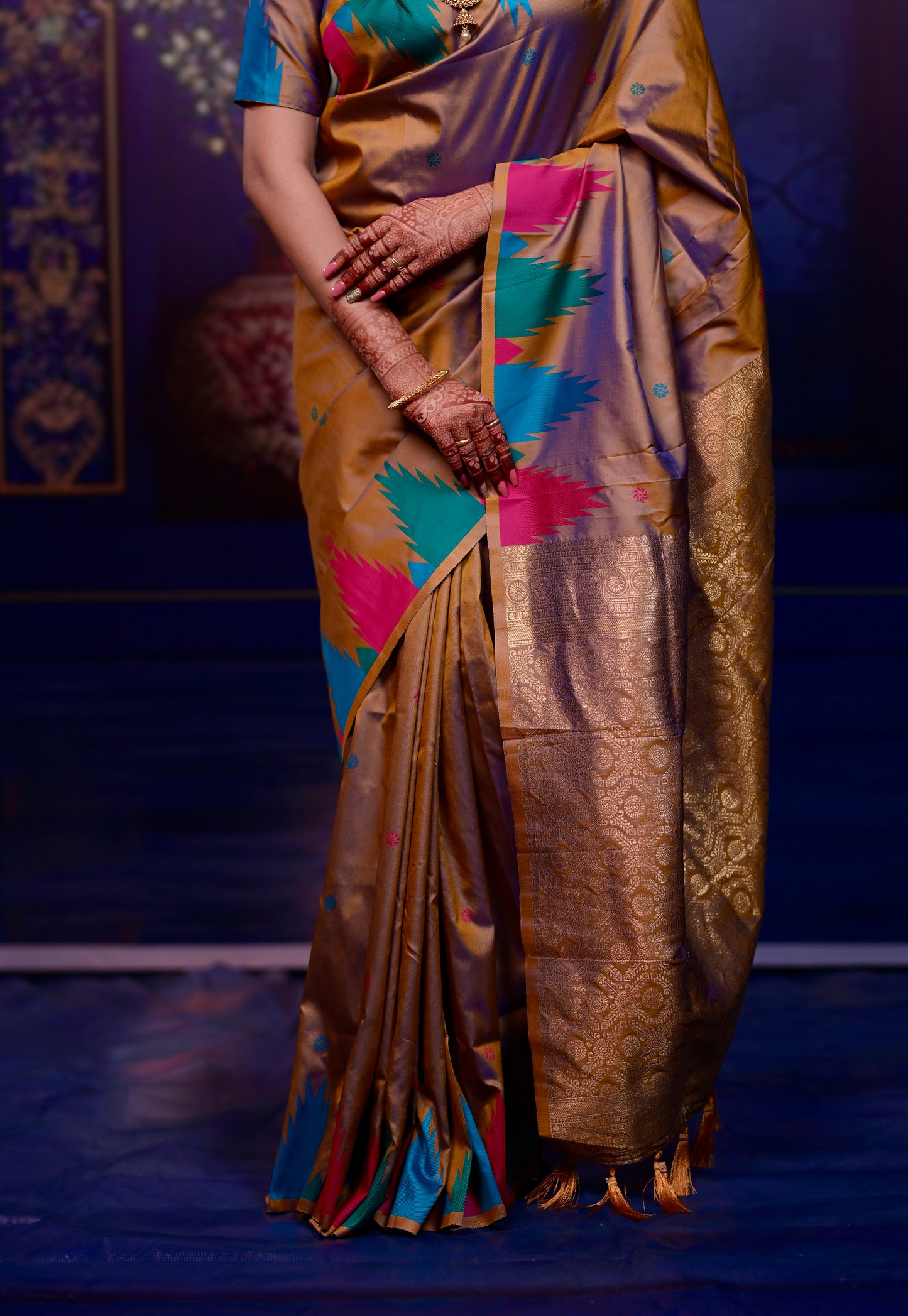 Golden beige Temple Border Silk Saree