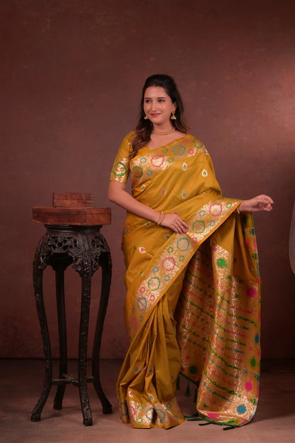 mustard golden Banarasi Silk Saree