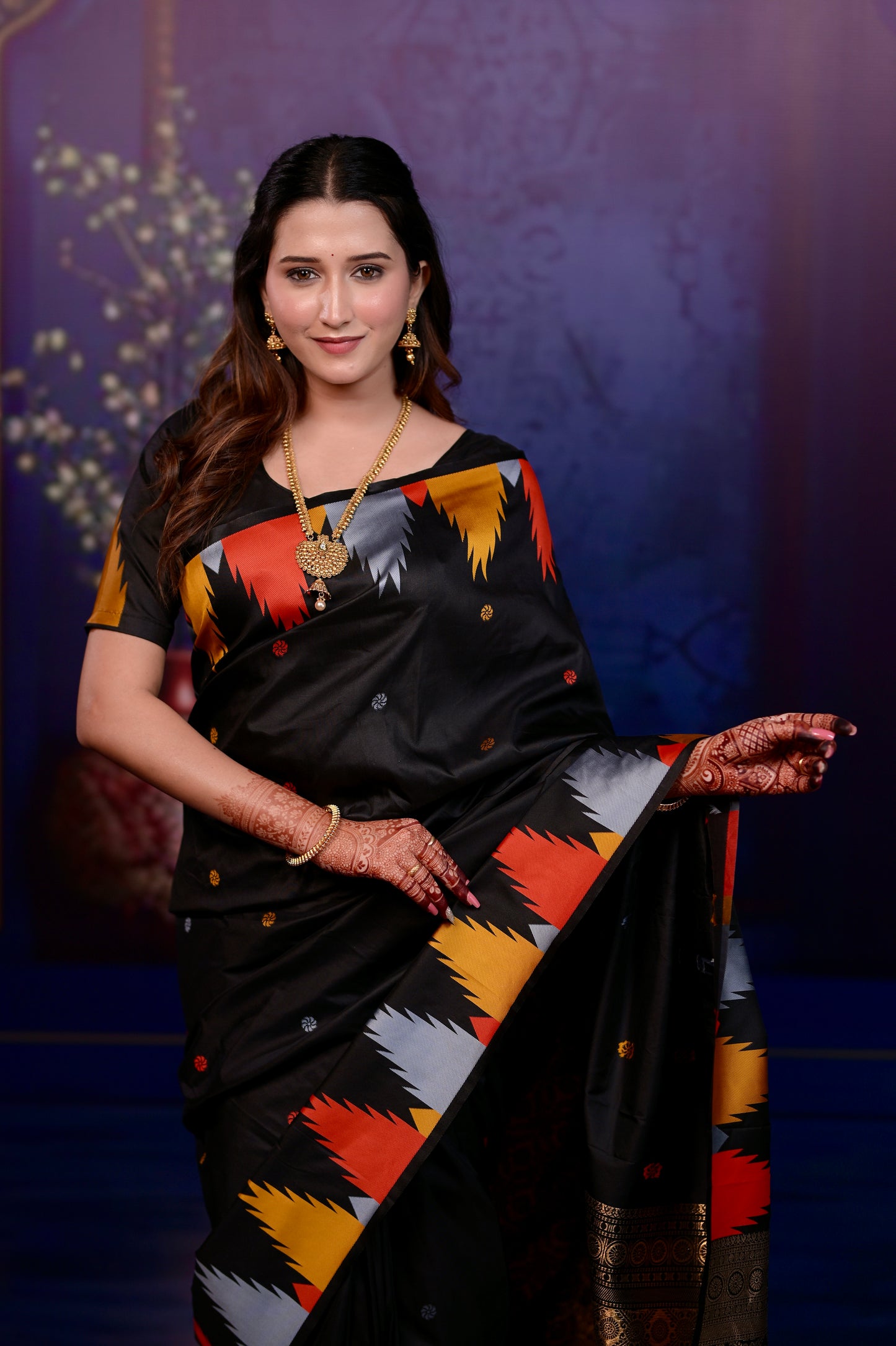 Black Temple Border Silk Saree