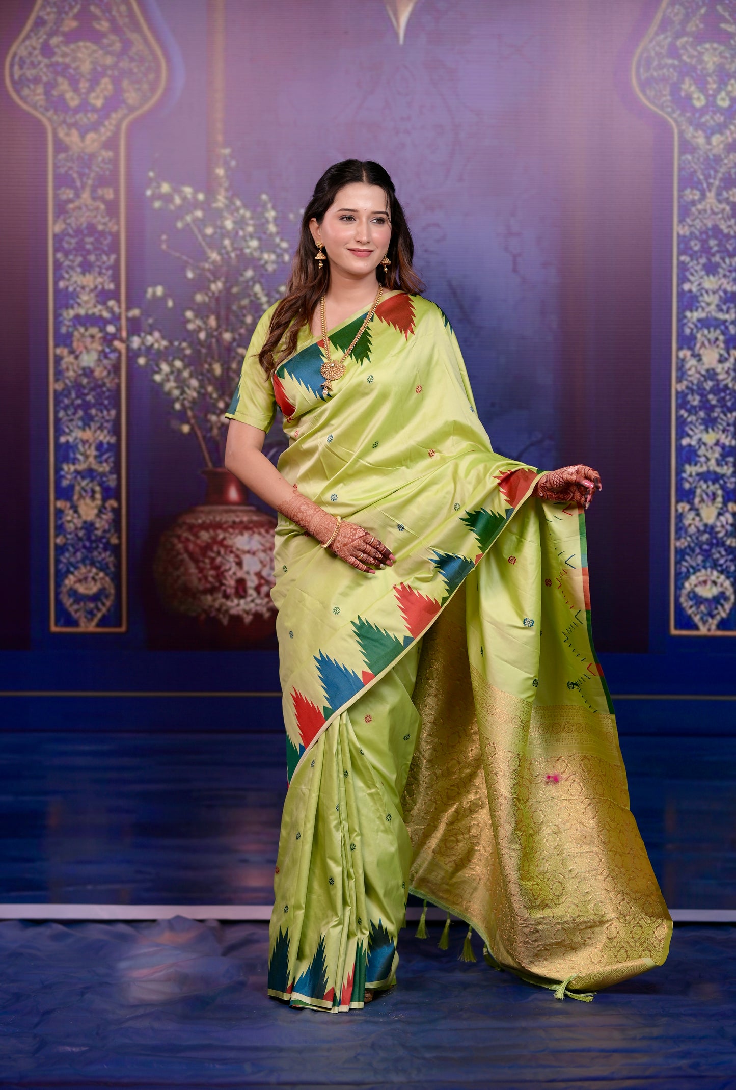 Lime green Temple Border Silk Saree