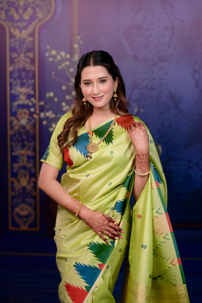 Lime green Temple Border Silk Saree
