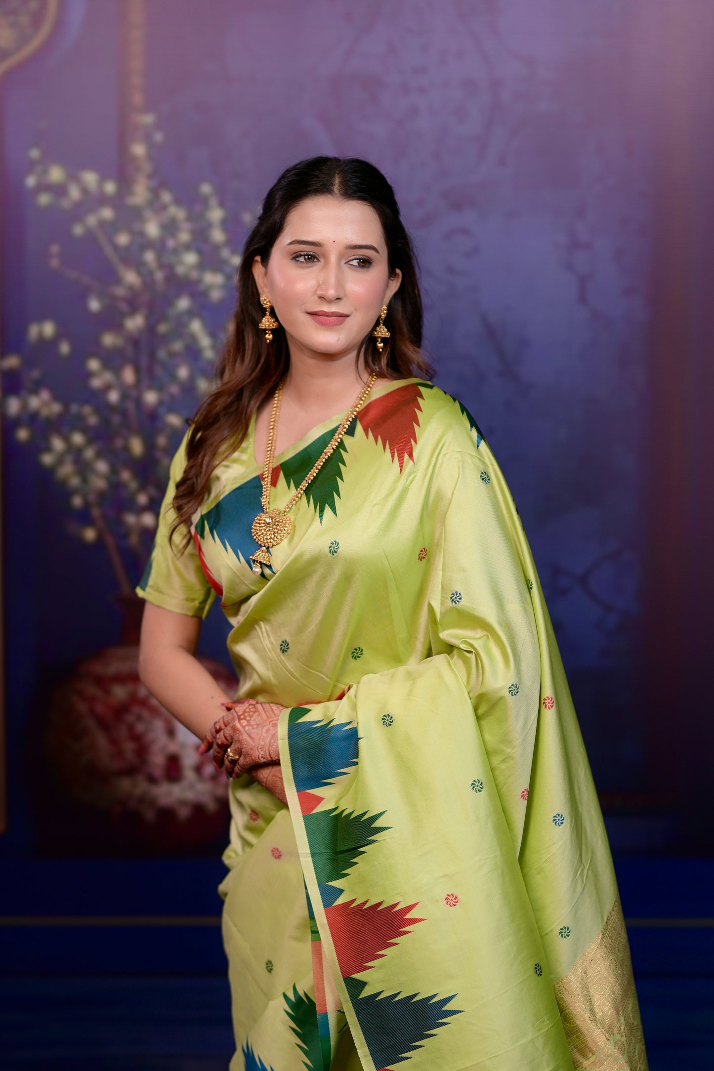 Lime green Temple Border Silk Saree