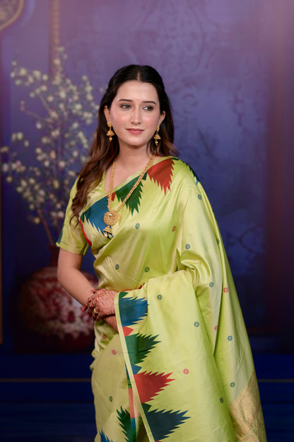 Lime green Temple Border Silk Saree