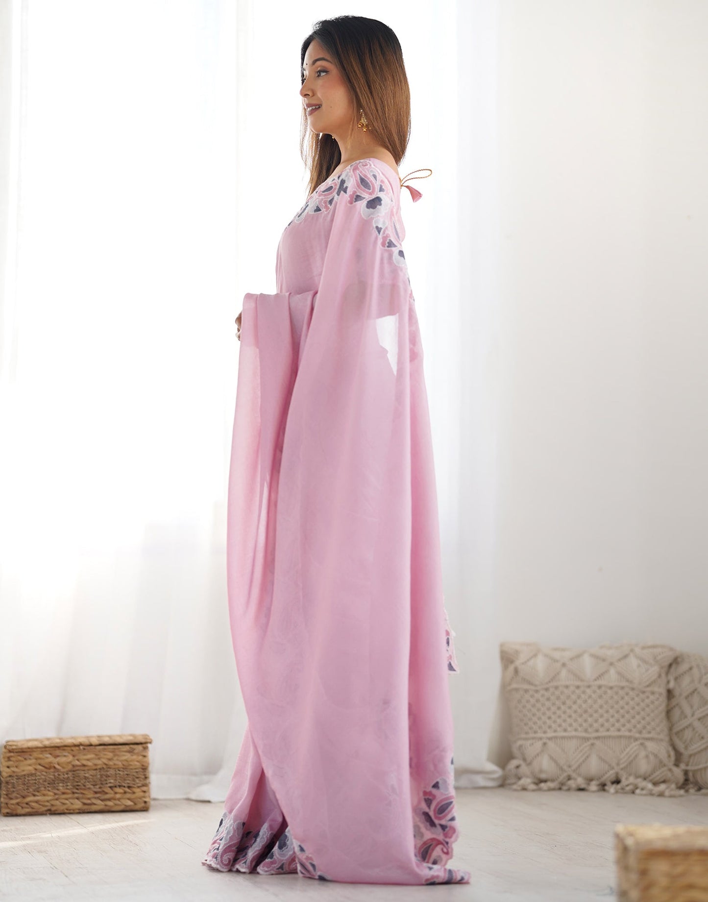 Pink Soft Vichitra Embroidery Thread Work Saree