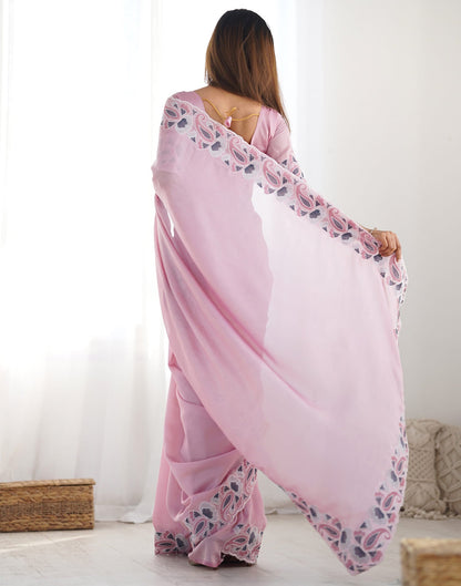 Pink Soft Vichitra Embroidery Thread Work Saree