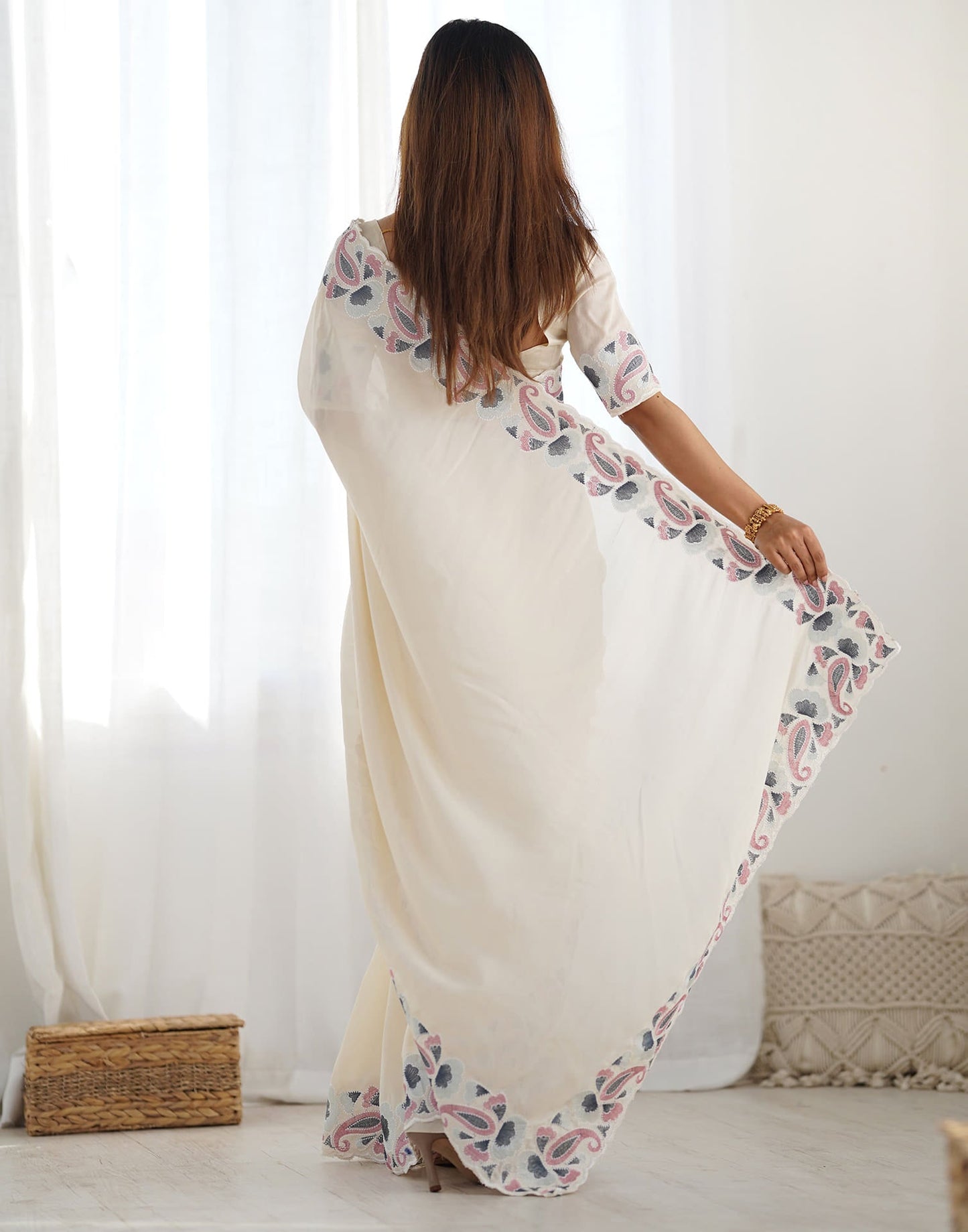 Cream Soft Vichitra Embroidery Thread Work Saree