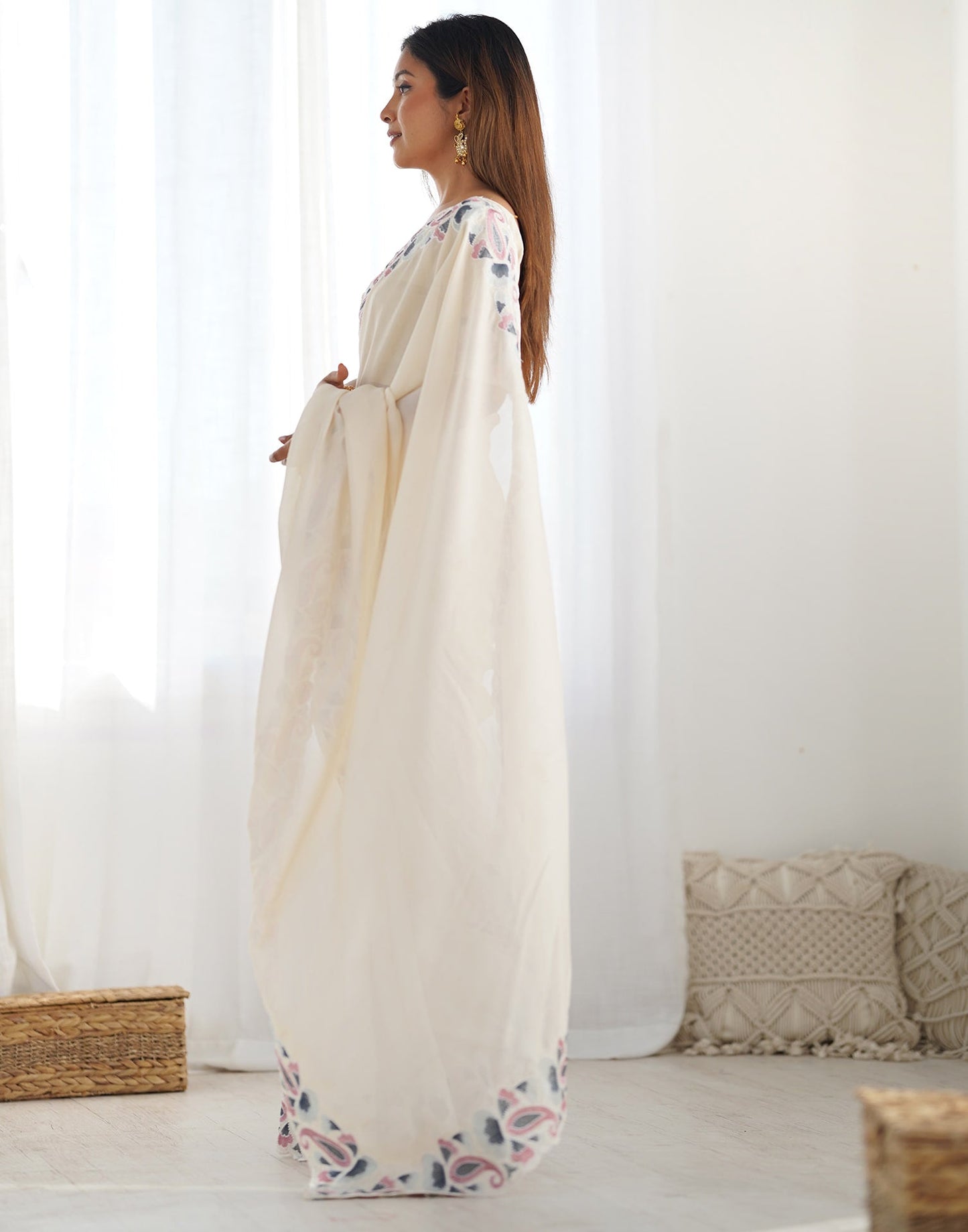 Cream Soft Vichitra Embroidery Thread Work Saree