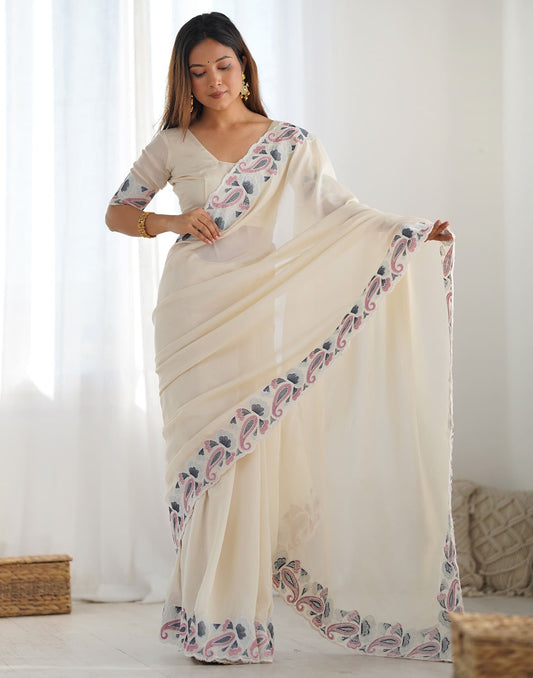 Cream Soft Vichitra Embroidery Thread Work Saree