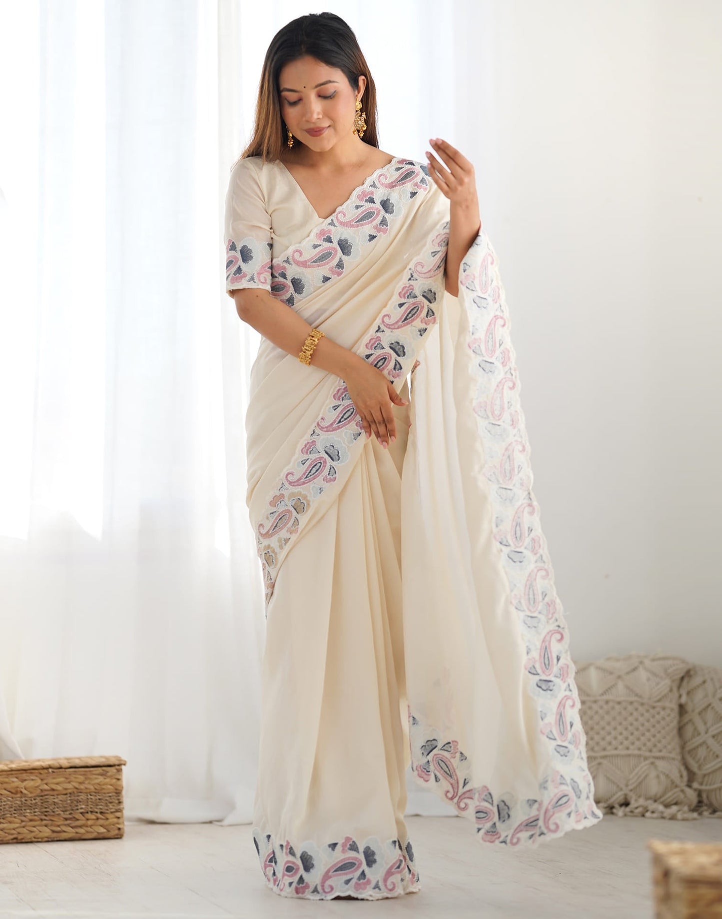 Cream Soft Vichitra Embroidery Thread Work Saree
