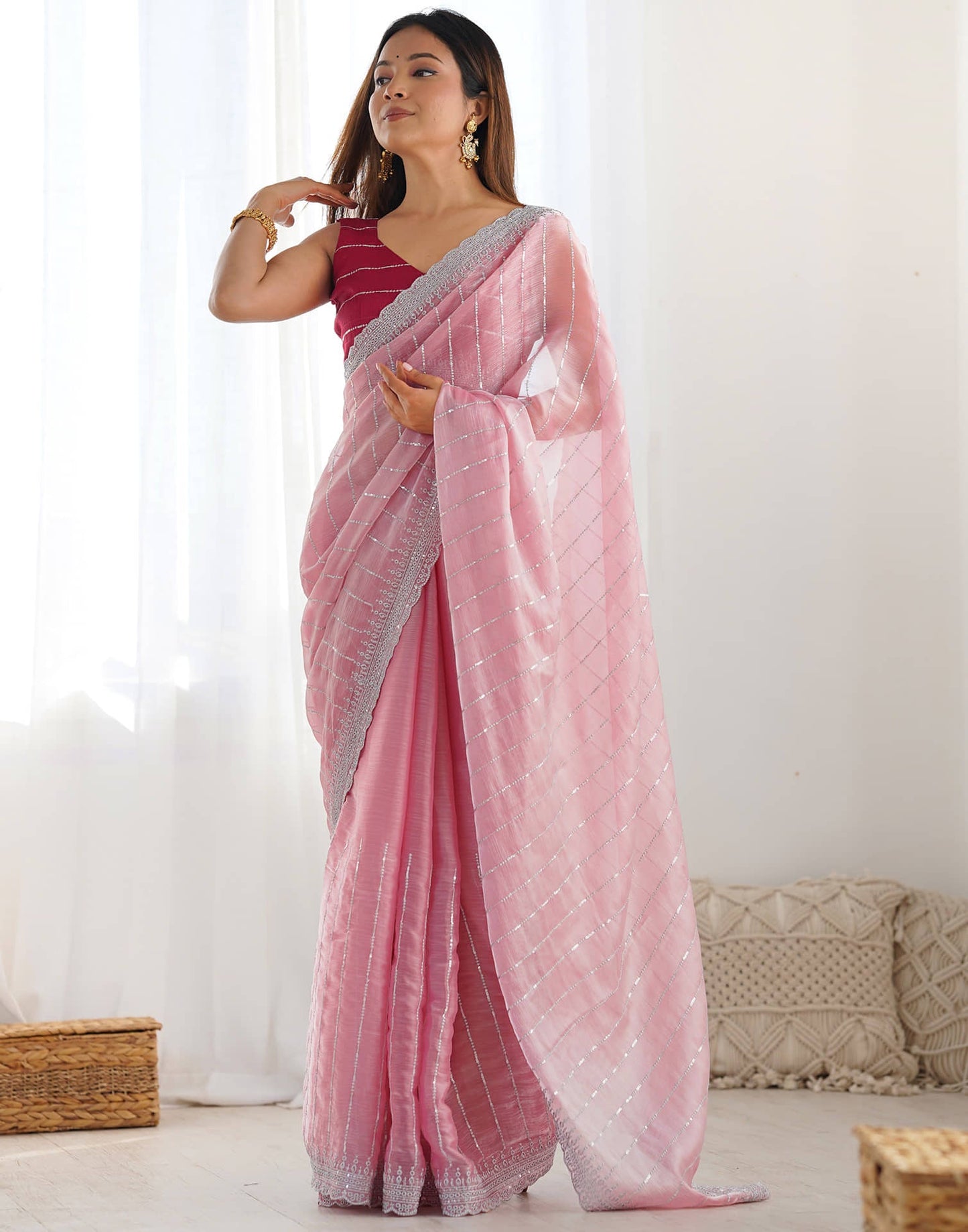 Pink Jimmy Choo Fabric Dual Sequence With Embroidery Work Saree