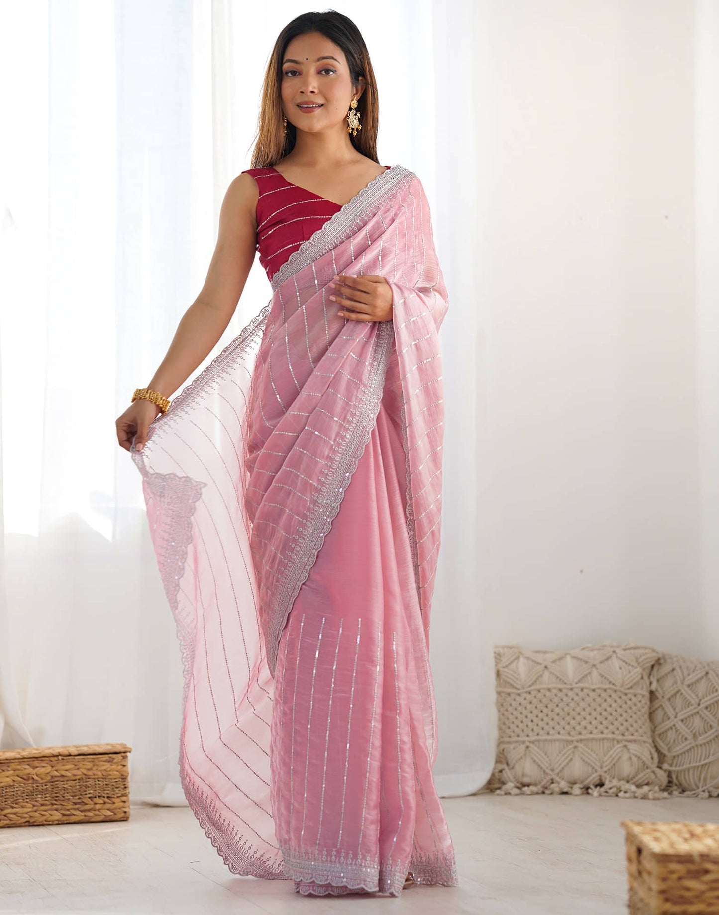 Pink Jimmy Choo Fabric Dual Sequence With Embroidery Work Saree