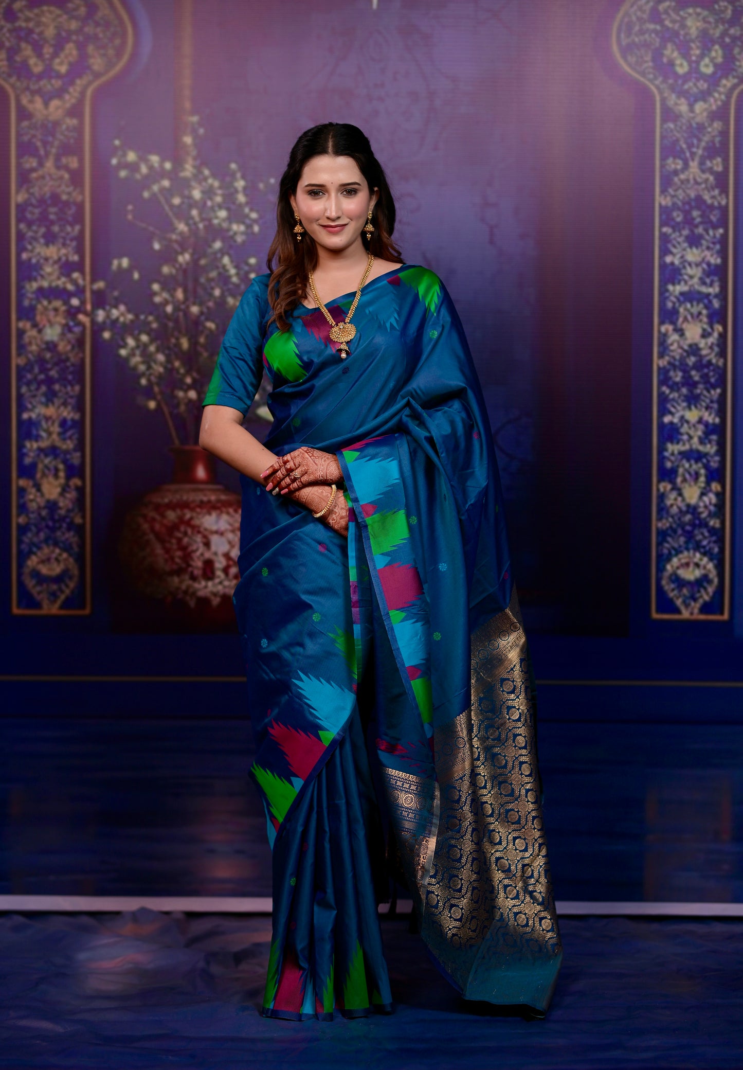 Deep teal blue Temple Border Silk Saree