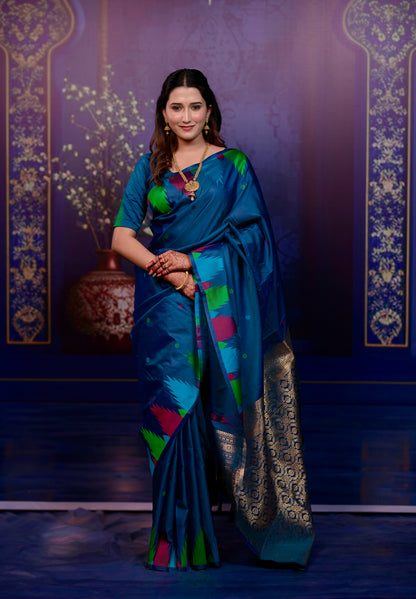 Deep teal blue Temple Border Silk Saree