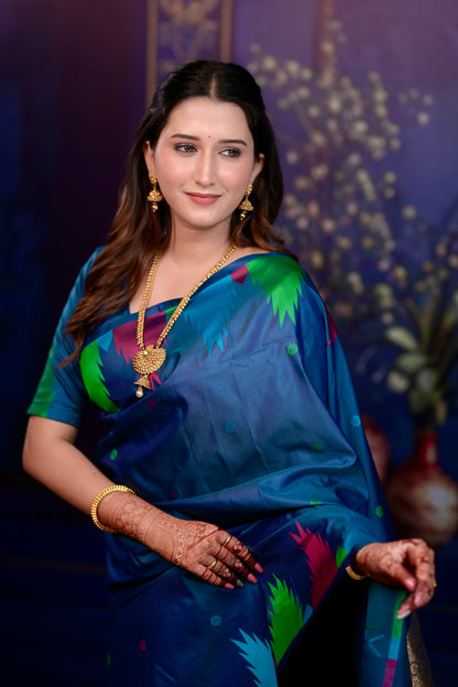 Deep teal blue Temple Border Silk Saree