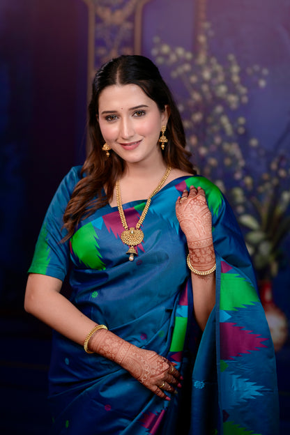 Deep teal blue Temple Border Silk Saree