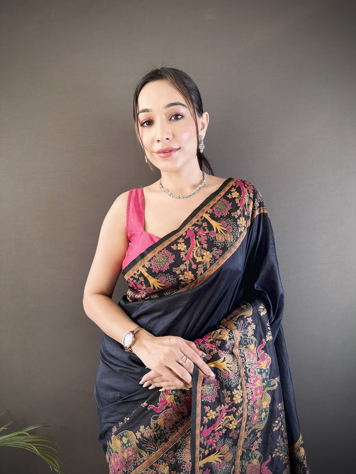 Black Pashmina Soft Silk Saree