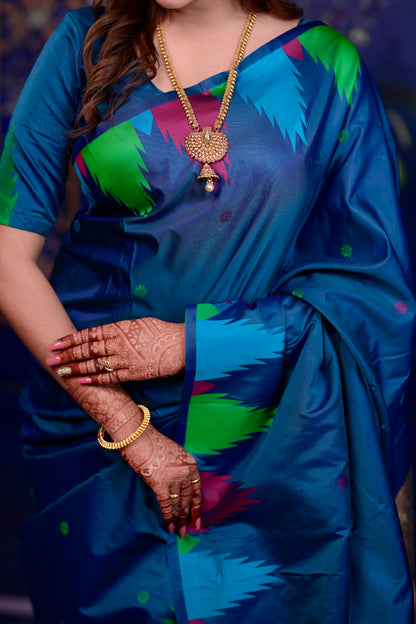 Deep teal blue Temple Border Silk Saree