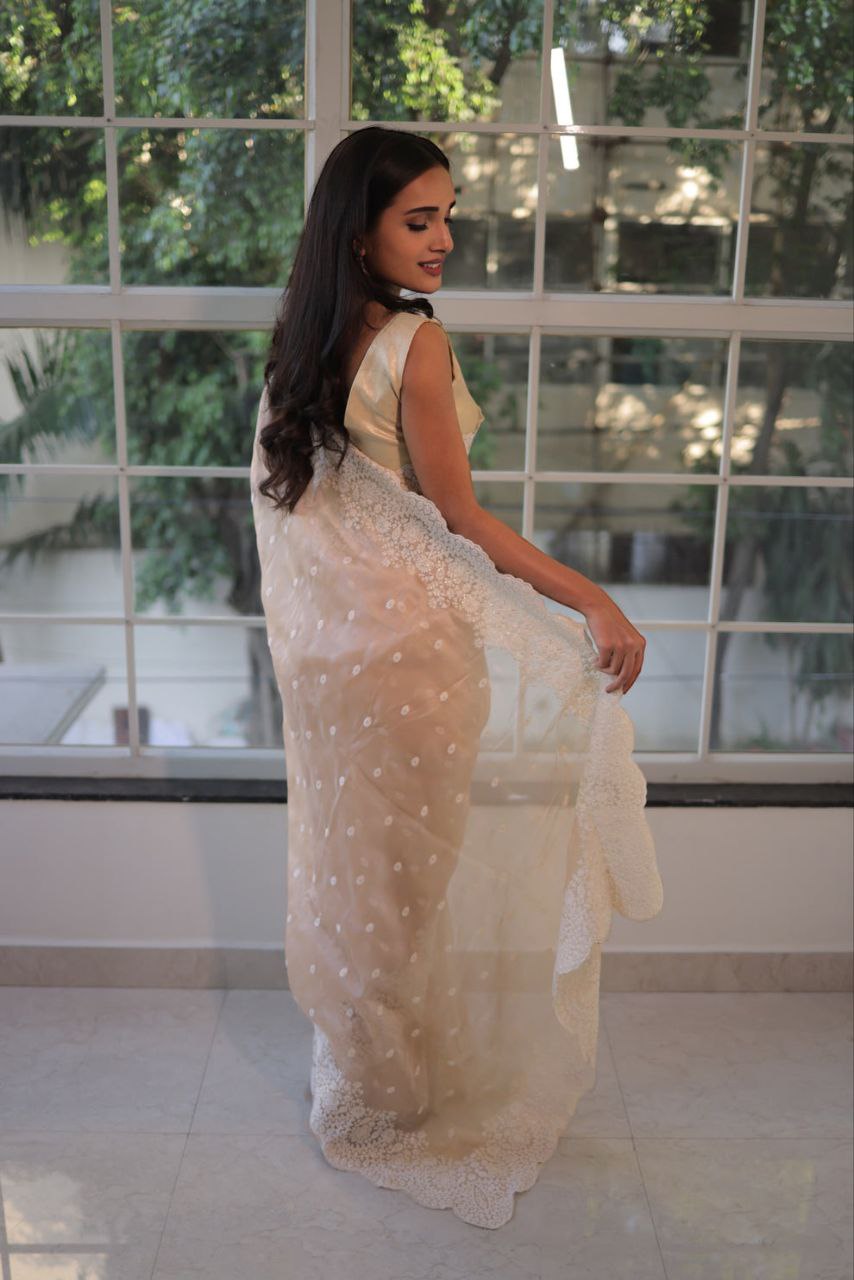 Cream Soft Organza Embroidery Thread Work Saree
