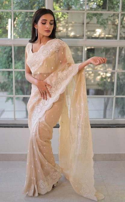 Cream Soft Organza Embroidery Thread Work Saree