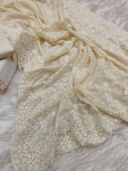 Cream Soft Organza Embroidery Thread Work Saree
