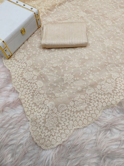 Cream Soft Organza Embroidery Thread Work Saree