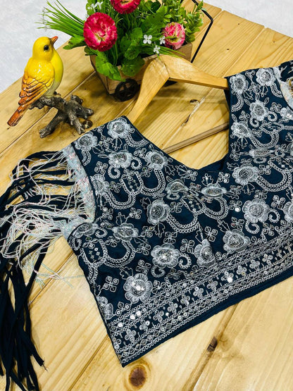 Bollywood Style Navy Blue Drape Designer Saree With Stitched Blouse