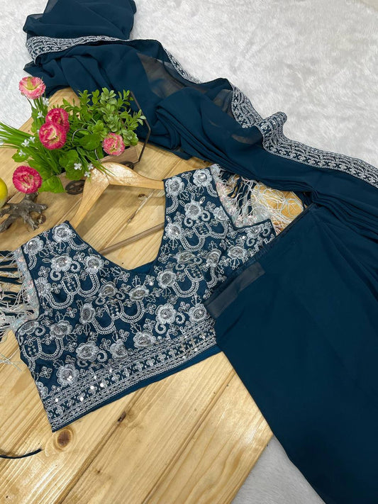 Bollywood Style Navy Blue Drape Designer Saree With Stitched Blouse