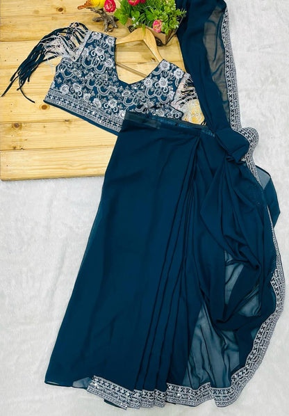 Bollywood Style Navy Blue Drape Designer Saree With Stitched Blouse