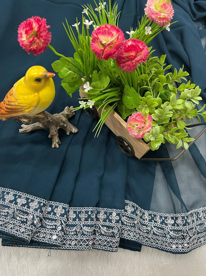 Bollywood Style Navy Blue Drape Designer Saree With Stitched Blouse