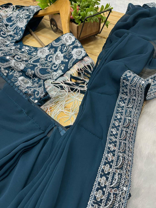 Bollywood Style Navy Blue Drape Designer Saree With Stitched Blouse