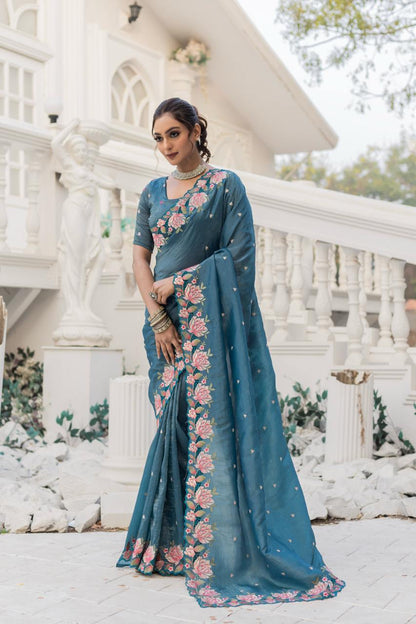 Osian Blue Pure Crush Silk Embroidery Cutwork Border Saree