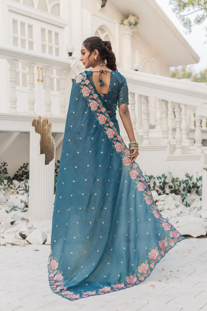 Osian Blue Pure Crush Silk Embroidery Cutwork Border Saree