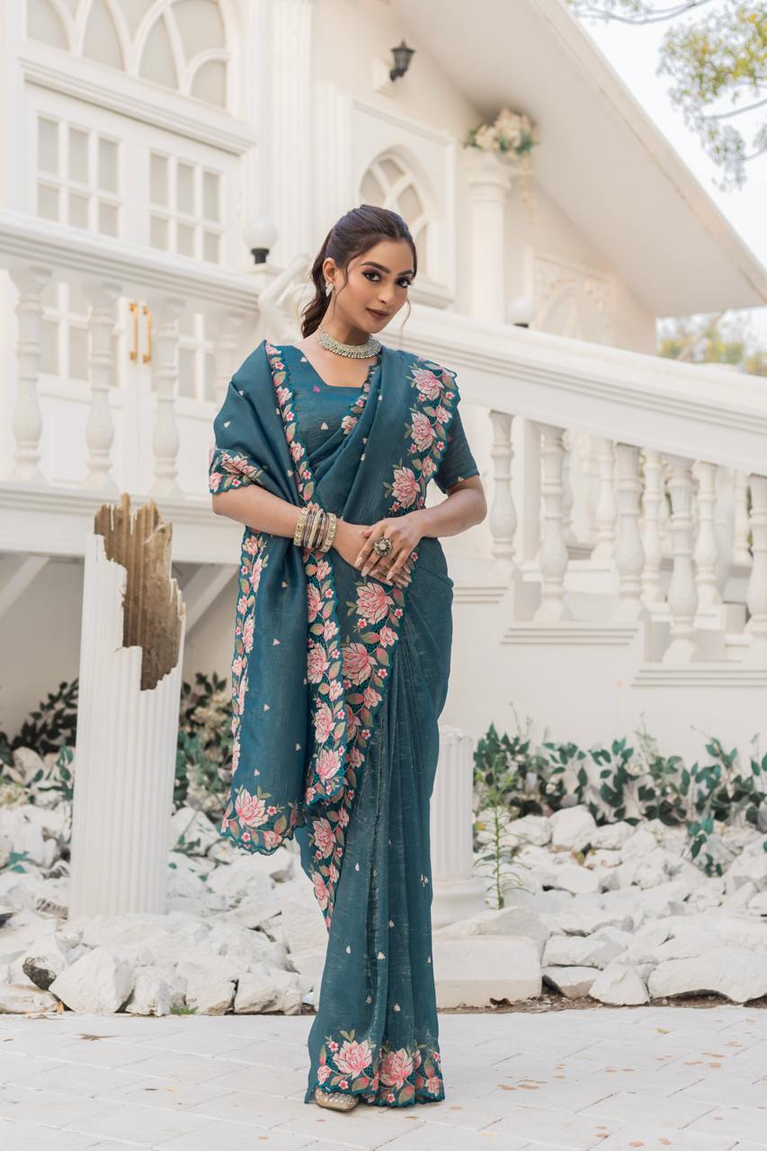 Osian Blue Pure Crush Silk Embroidery Cutwork Border Saree