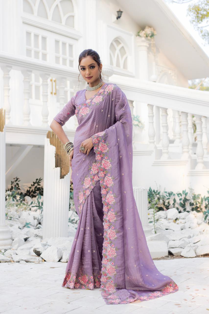 Lavender Pure Crush Silk Embroidery Cutwork Border Saree
