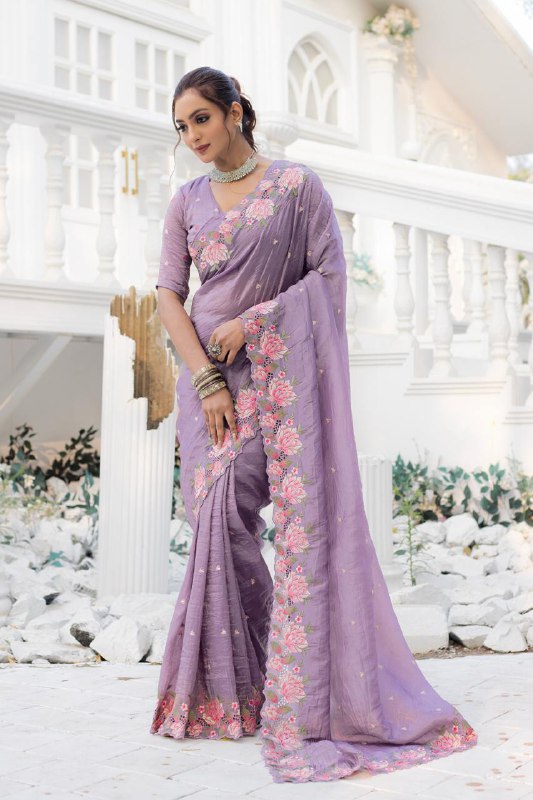 Lavender Pure Crush Silk Embroidery Cutwork Border Saree